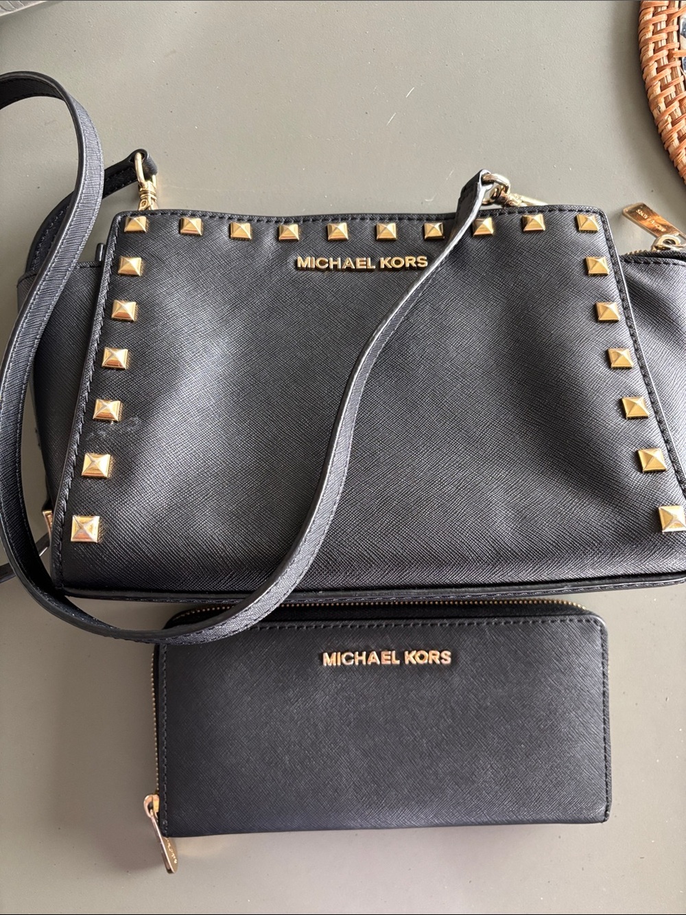 Michael Kors Black Saffiano Crossbody Bag with Gold Studs and Matching Wallet